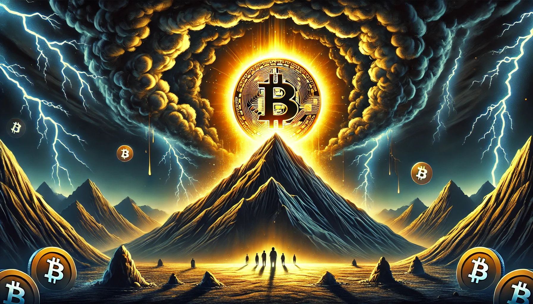 Bitcoins market speculation designed to grab attention. The scene shows a giant Bitcoin symbol glowing intensely a