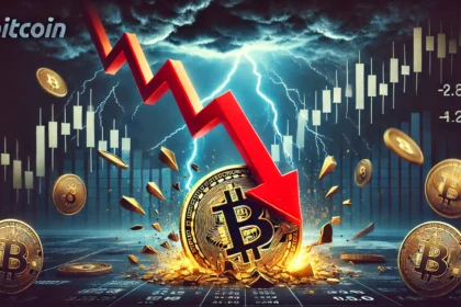 Bitcoins potential price drop. The scene shows a Bitcoin coin breaking apart with a bright red do