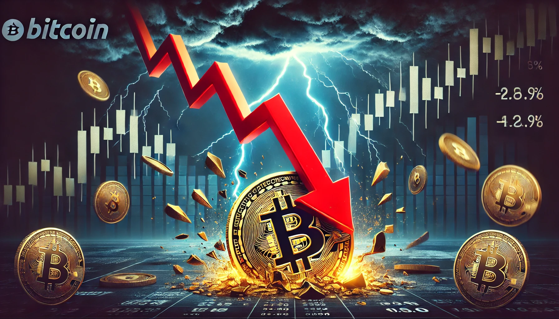 Bitcoins potential price drop. The scene shows a Bitcoin coin breaking apart with a bright red do