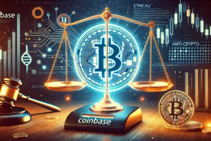 Coinbases stance against anti crypto practices. The design features the Coinbase logo prominently alongside a glowing Bitco