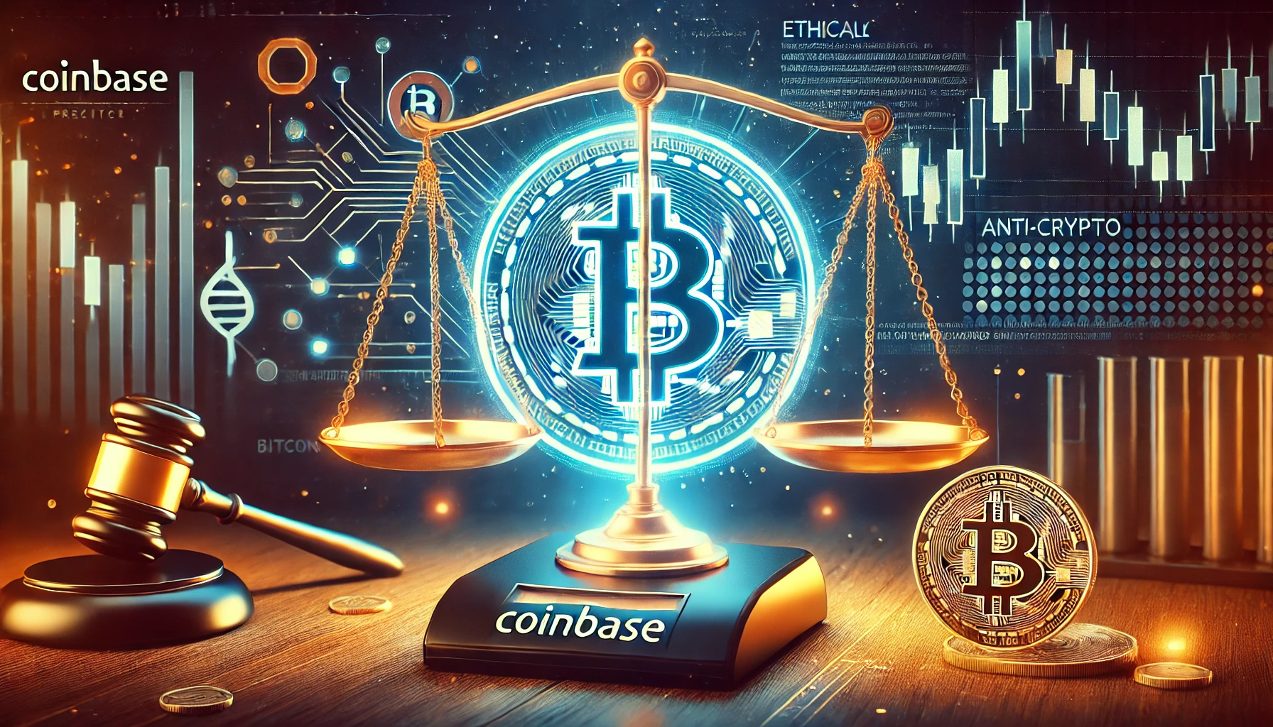 Coinbases stance against anti crypto practices. The design features the Coinbase logo prominently alongside a glowing Bitco