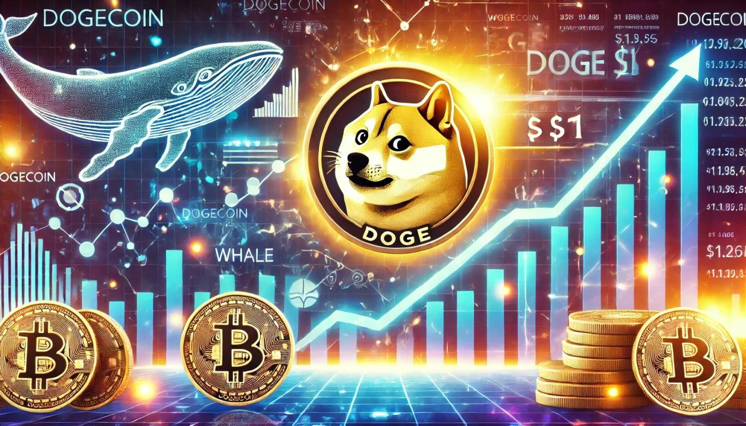 Dogecoin DOGE and its potential rise to 1. The design includes a prominent Dogecoin log