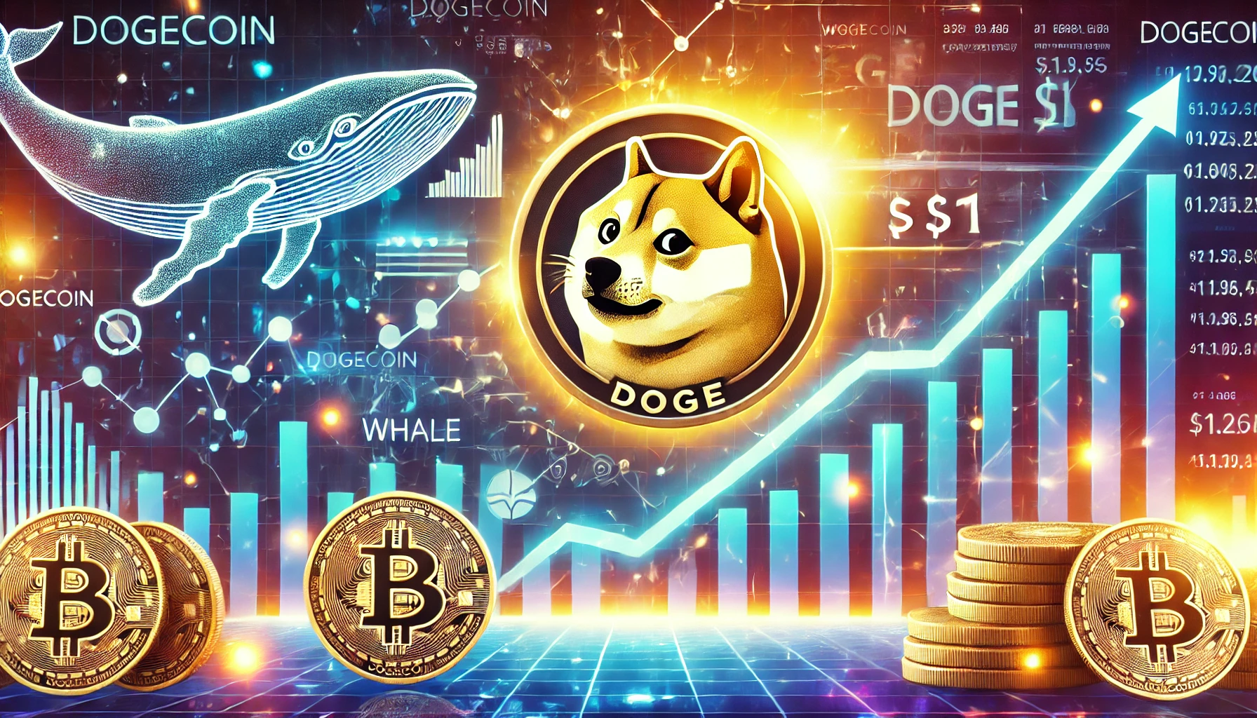 Dogecoin DOGE and its potential rise to 1. The design includes a prominent Dogecoin log