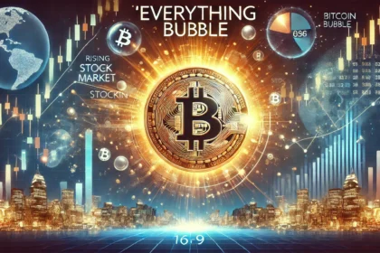 Everything Bubble and its impact on markets like Bitcoin and stocks. The design features a large glowin