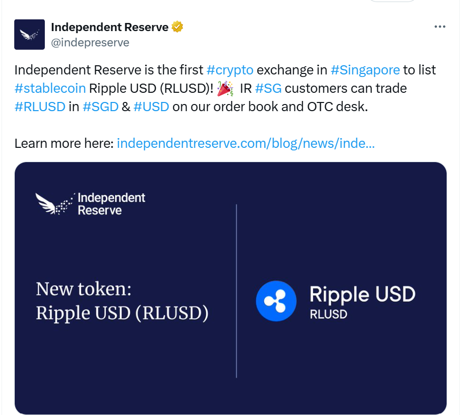 Independent Reserve Becomes First to Launch RLUSD in Singapore