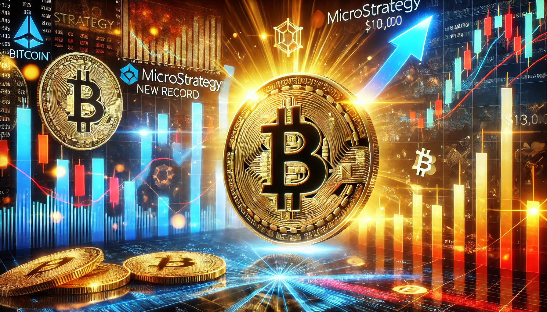 MicroStrategys stock surge and Bitcoins new record of 103000. The image features a glowing Bitcoin coin