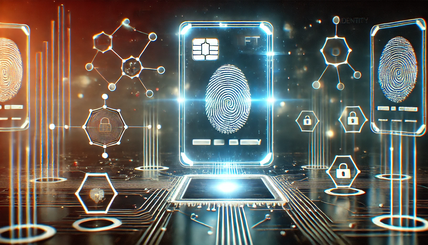 NFTs and digital identity using blockchain technology. The scene features a glowing NFT card w