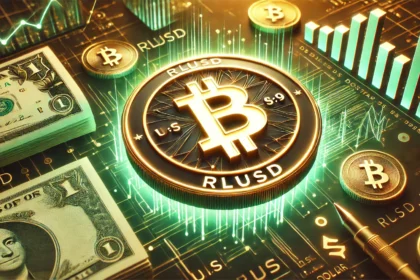 RLUSD as a dollar backed stablecoin. The design features a glowing RLUSD coin with a prominent dollar sign