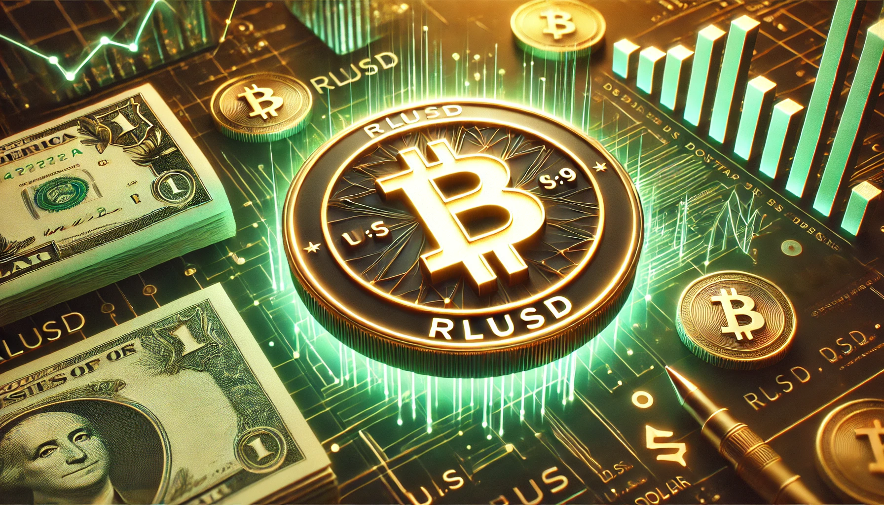 RLUSD as a dollar backed stablecoin. The design features a glowing RLUSD coin with a prominent dollar sign