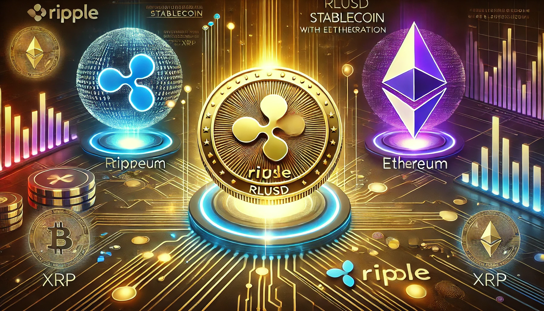 Ripple is RLUSD stablecoin debut with Ethereum integration. The design features a glowing RLUSD coin Ethereum