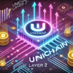 Uniswaps Unichain Layer 2 launch. The design features a sleek and futuristic blockchain network with a glowi