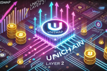 Uniswaps Unichain Layer 2 launch. The design features a sleek and futuristic blockchain network with a glowi