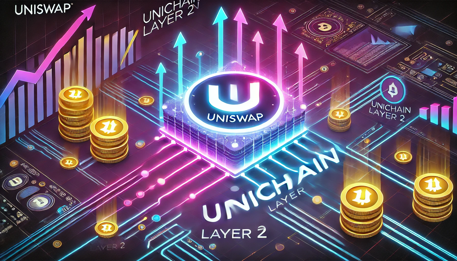 Uniswaps Unichain Layer 2 launch. The design features a sleek and futuristic blockchain network with a glowi