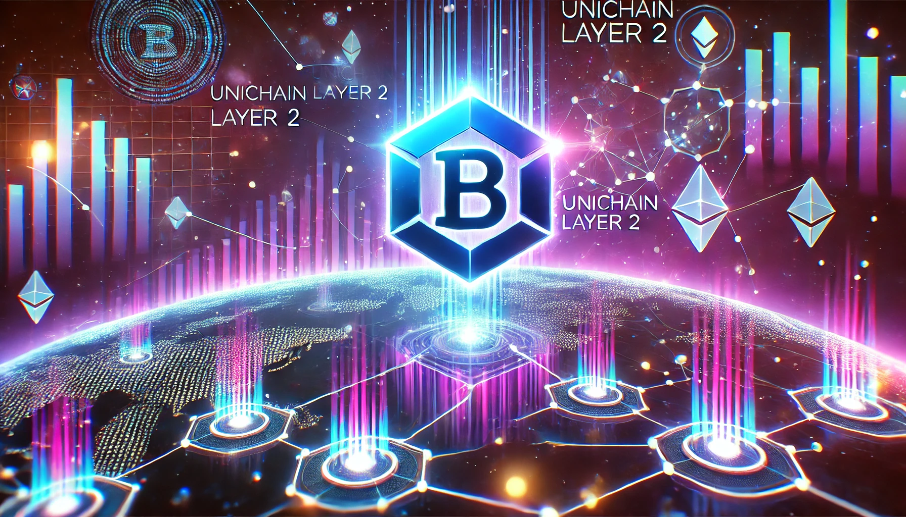 Uniswaps Unichain Layer 2 launch. The image includes a futuristic blockchain theme a glowing Uniswap logo an