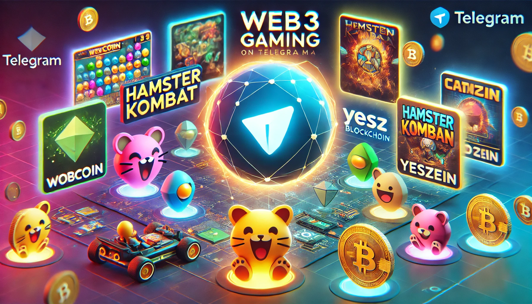 Web3 gaming on Telegram in 2024. The scene features colorful game icons like Notcoin Hamster Kombat Yescoin and Cat