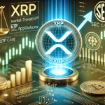 XRP is recent market surge and SEC developments. The image features a glowing XRP logo upward trending price charts an