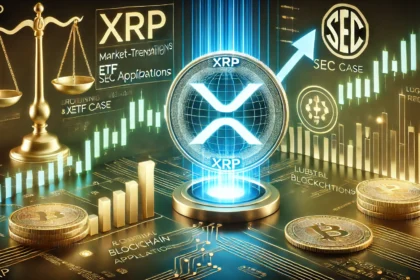 XRP is recent market surge and SEC developments. The image features a glowing XRP logo upward trending price charts an