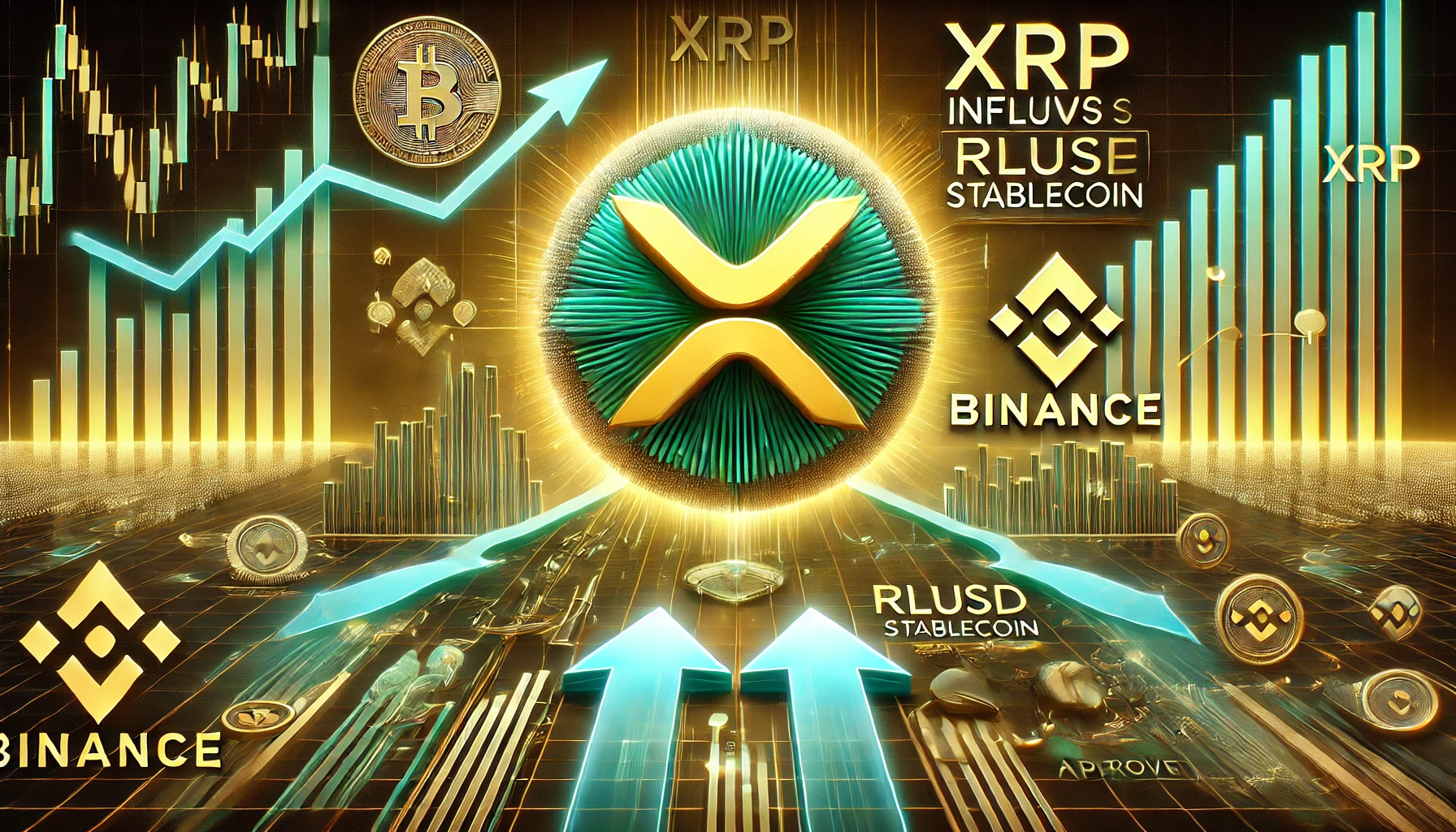 XRP is significant inflows to Binance and the RLUSD stablecoin approval. The design includes the XRP logo p