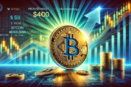 artwork depicting MicroStrategys stock rally crossing 400 after Bitcoins record breaking 103000 milestone. The image