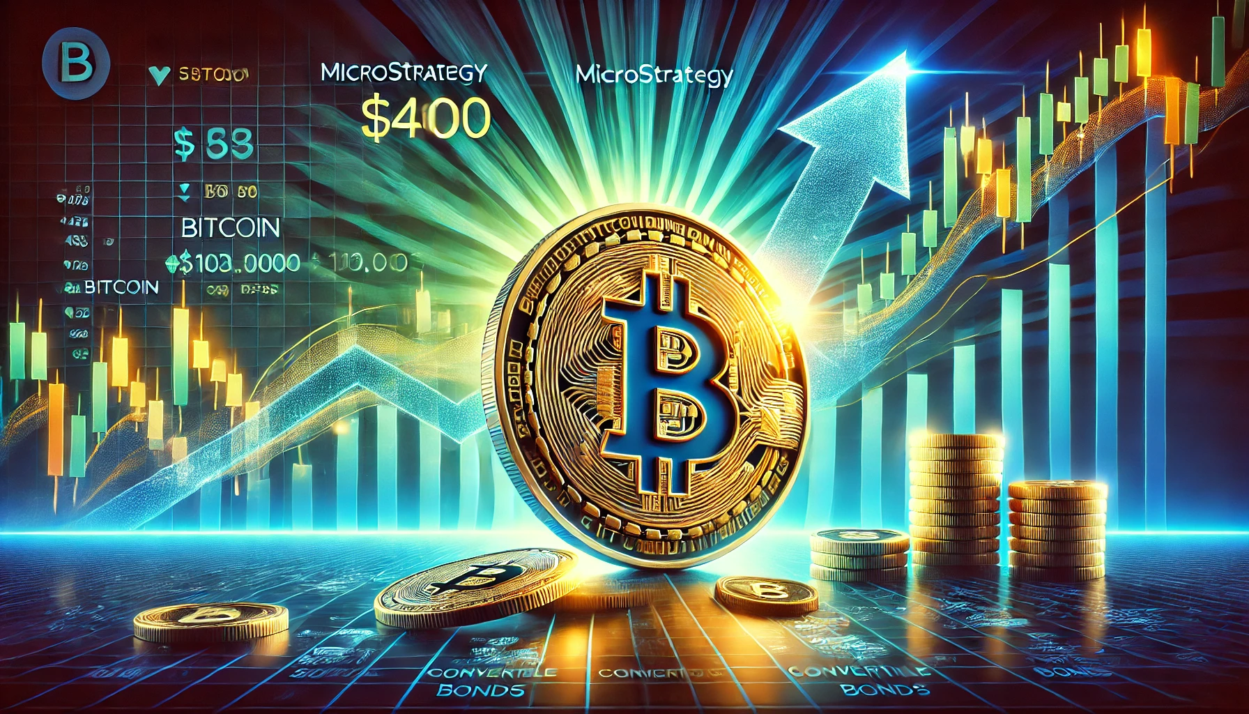 artwork depicting MicroStrategys stock rally crossing 400 after Bitcoins record breaking 103000 milestone. The image