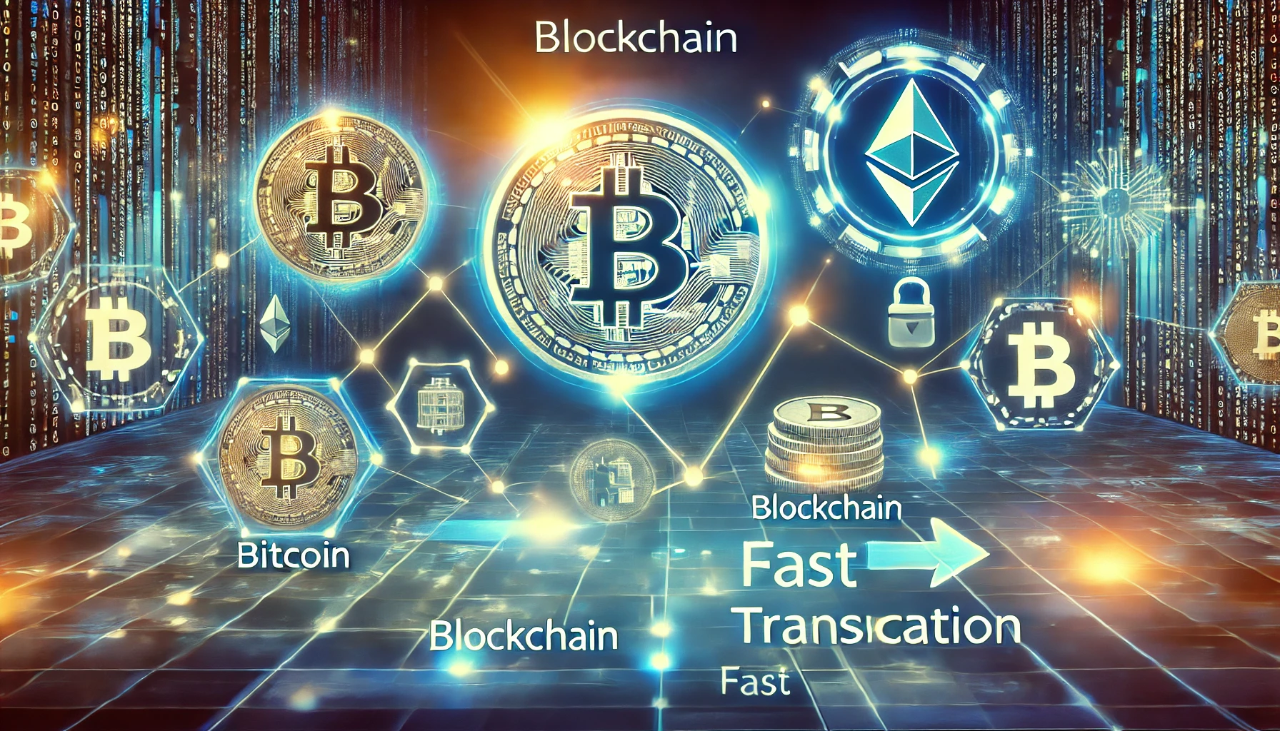 blockchain based payment systems. The scene features glowing digital currency icons like Bitcoin and Ethereu