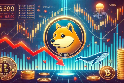 capturing the Shiba Inu SHIB market turbulence. The image features the Shiba Inu coin symbol surrounded by downw