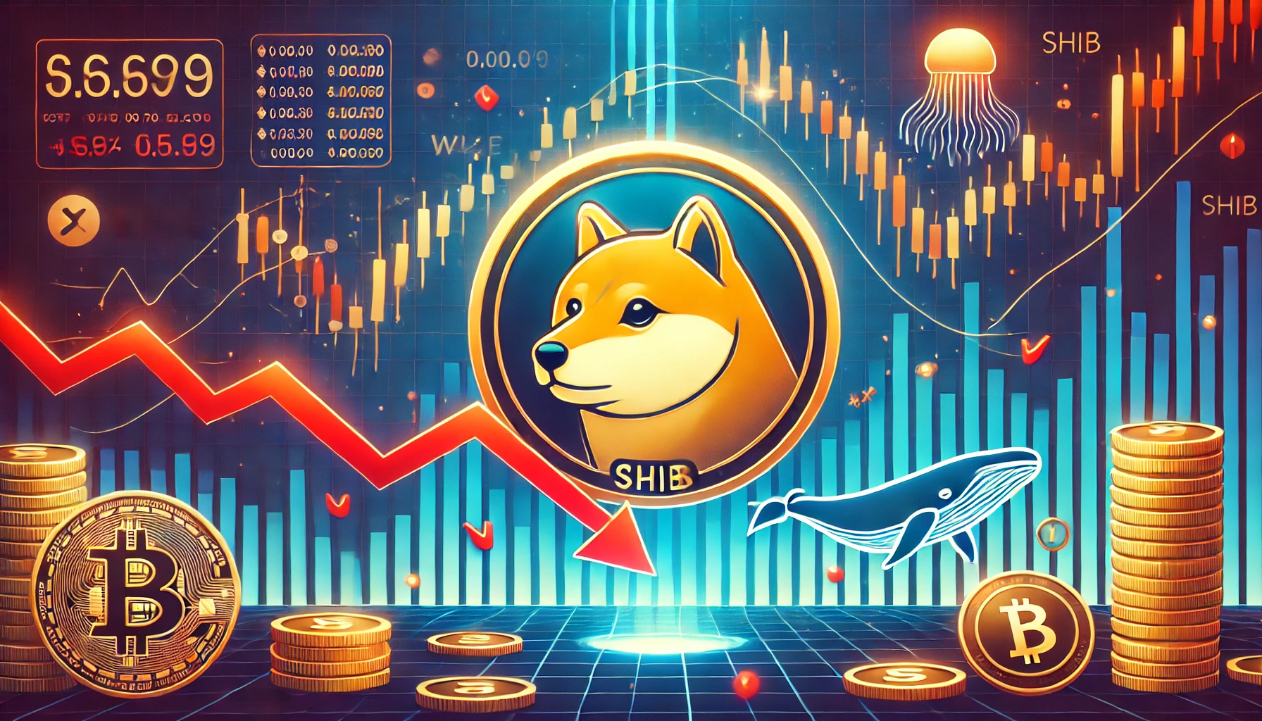 capturing the Shiba Inu SHIB market turbulence. The image features the Shiba Inu coin symbol surrounded by downw