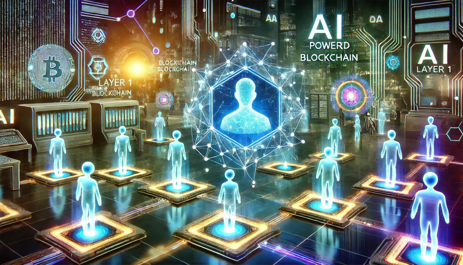 concept of an AI powered blockchain ecosystem. The image features a sleek glowing network of inter