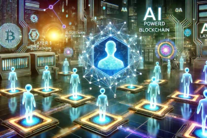 concept of an AI powered blockchain ecosystem. The image features a sleek glowing network of inter