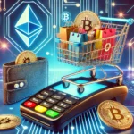 cryptocurrencies. The scene features a shopping cart filled with various items a digital wa