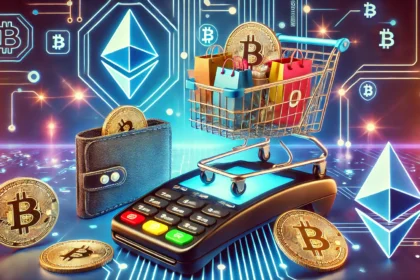 cryptocurrencies. The scene features a shopping cart filled with various items a digital wa