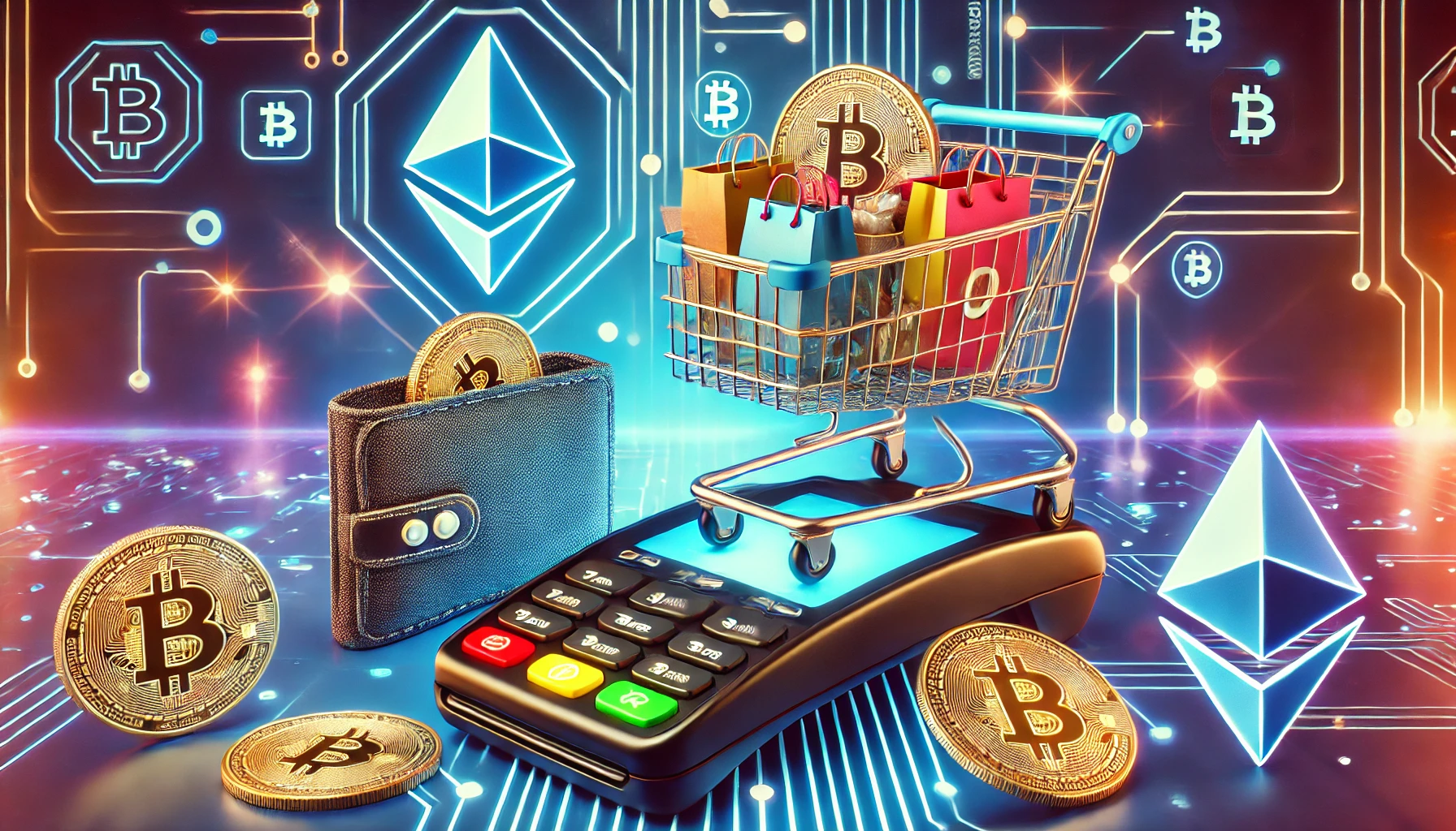 cryptocurrencies. The scene features a shopping cart filled with various items a digital wa