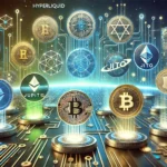 cryptocurrency ecosystem in 2025. The scene features futuristic altcoin logos like Hyperliquid