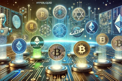 cryptocurrency ecosystem in 2025. The scene features futuristic altcoin logos like Hyperliquid