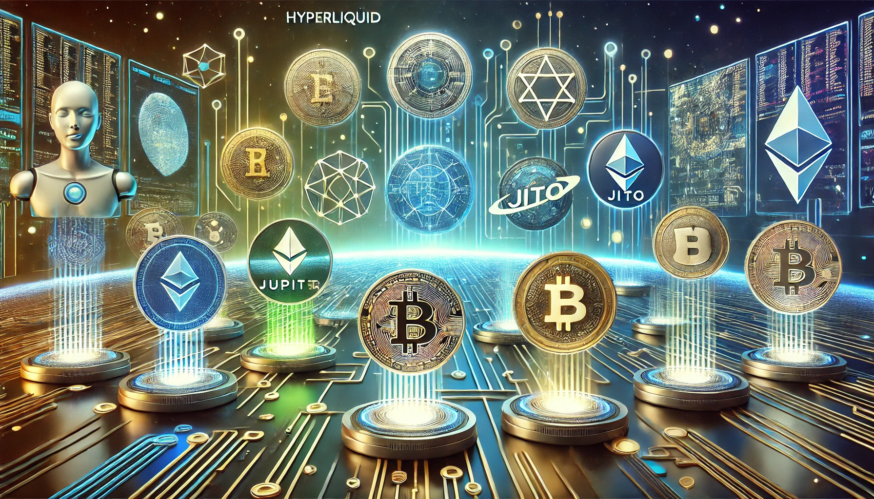 cryptocurrency ecosystem in 2025. The scene features futuristic altcoin logos like Hyperliquid