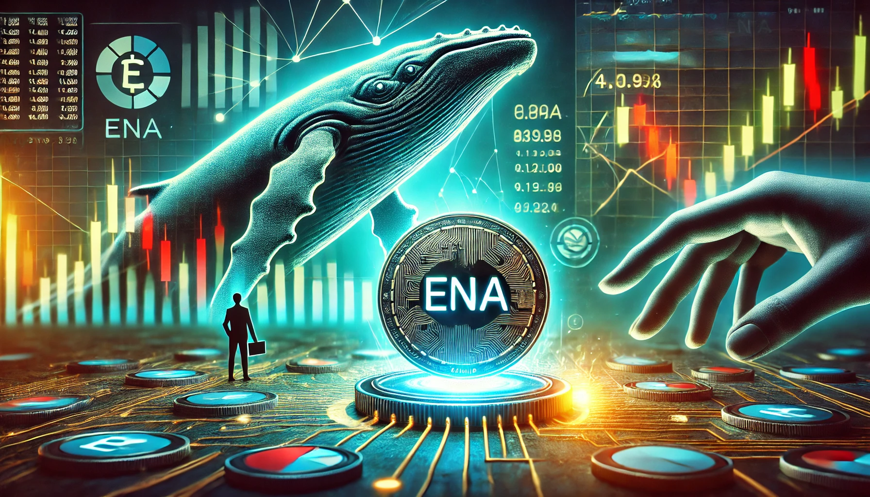 cryptocurrency market focusing on a symbolic representation of the ENA token under stress. The image inclu