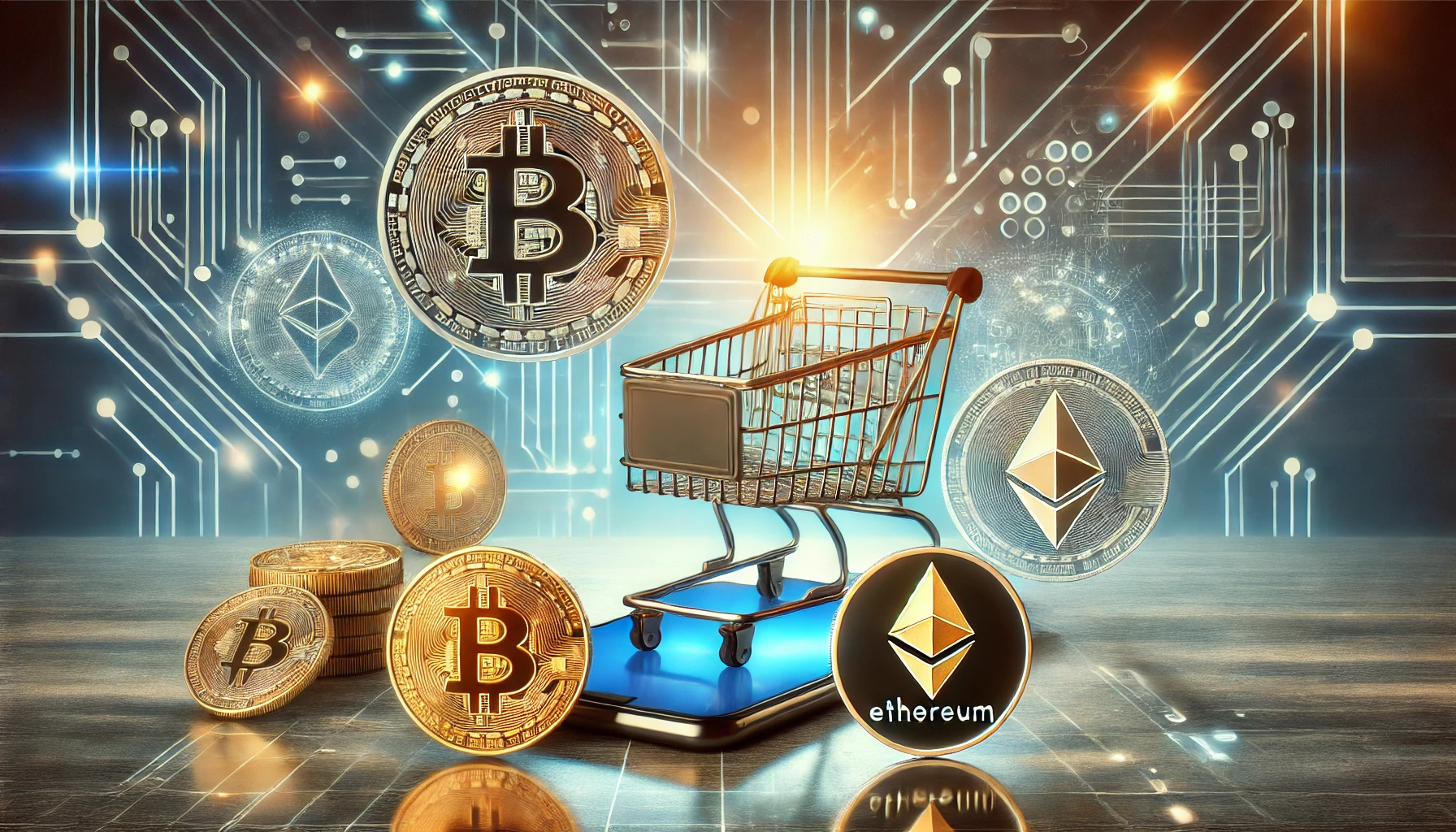 cryptocurrency shopping and payment methods. The image includes a digital wallet interface on a smartphone Bit