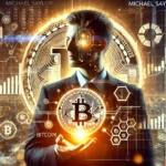 depicting Michael Saylor with a focus on Bitcoin and financial strategy. The image features a glowing Bitcoin