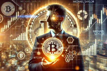 depicting Michael Saylor with a focus on Bitcoin and financial strategy. The image features a glowing Bitcoin