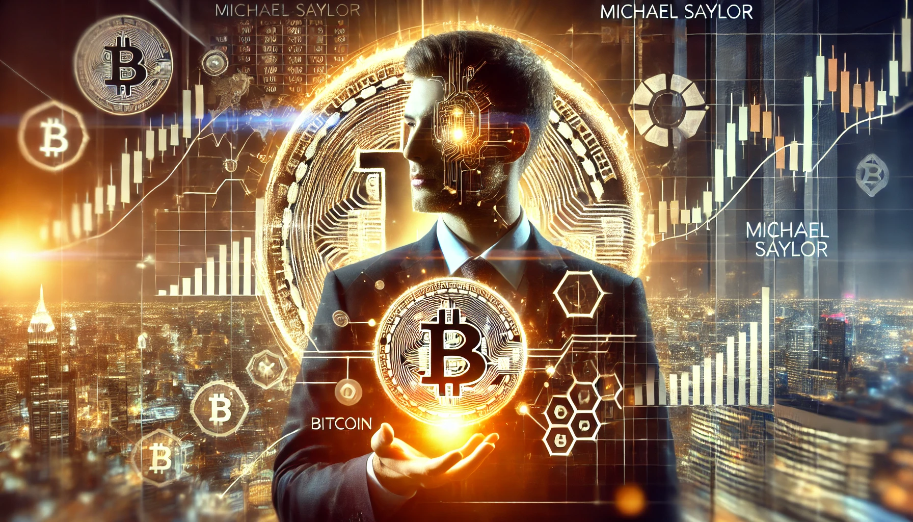 depicting Michael Saylor with a focus on Bitcoin and financial strategy. The image features a glowing Bitcoin