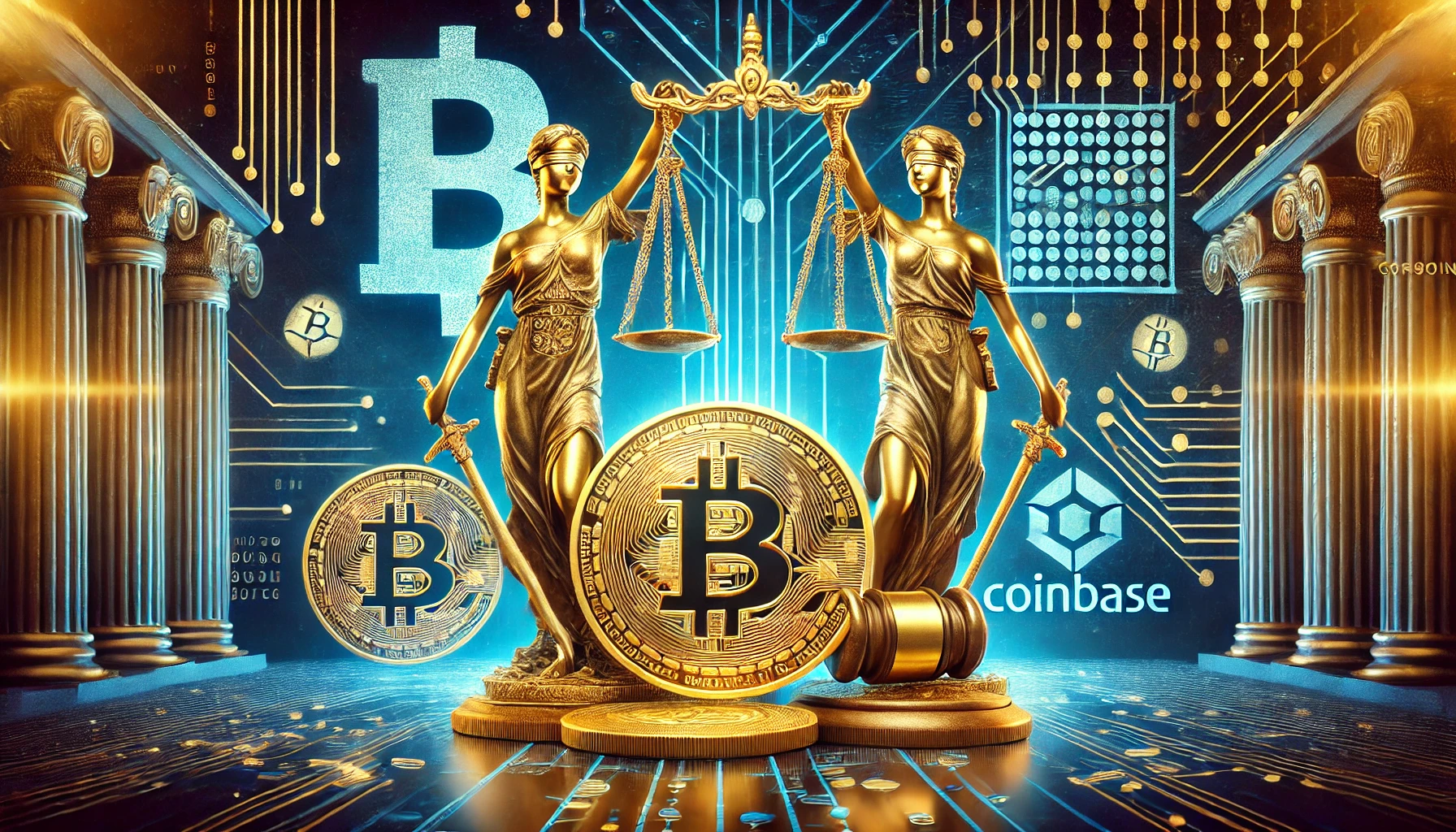 depicting the legal battle between BiT Global and Coinbase over Wrapped Bitcoin wBTC. The composition features scales of