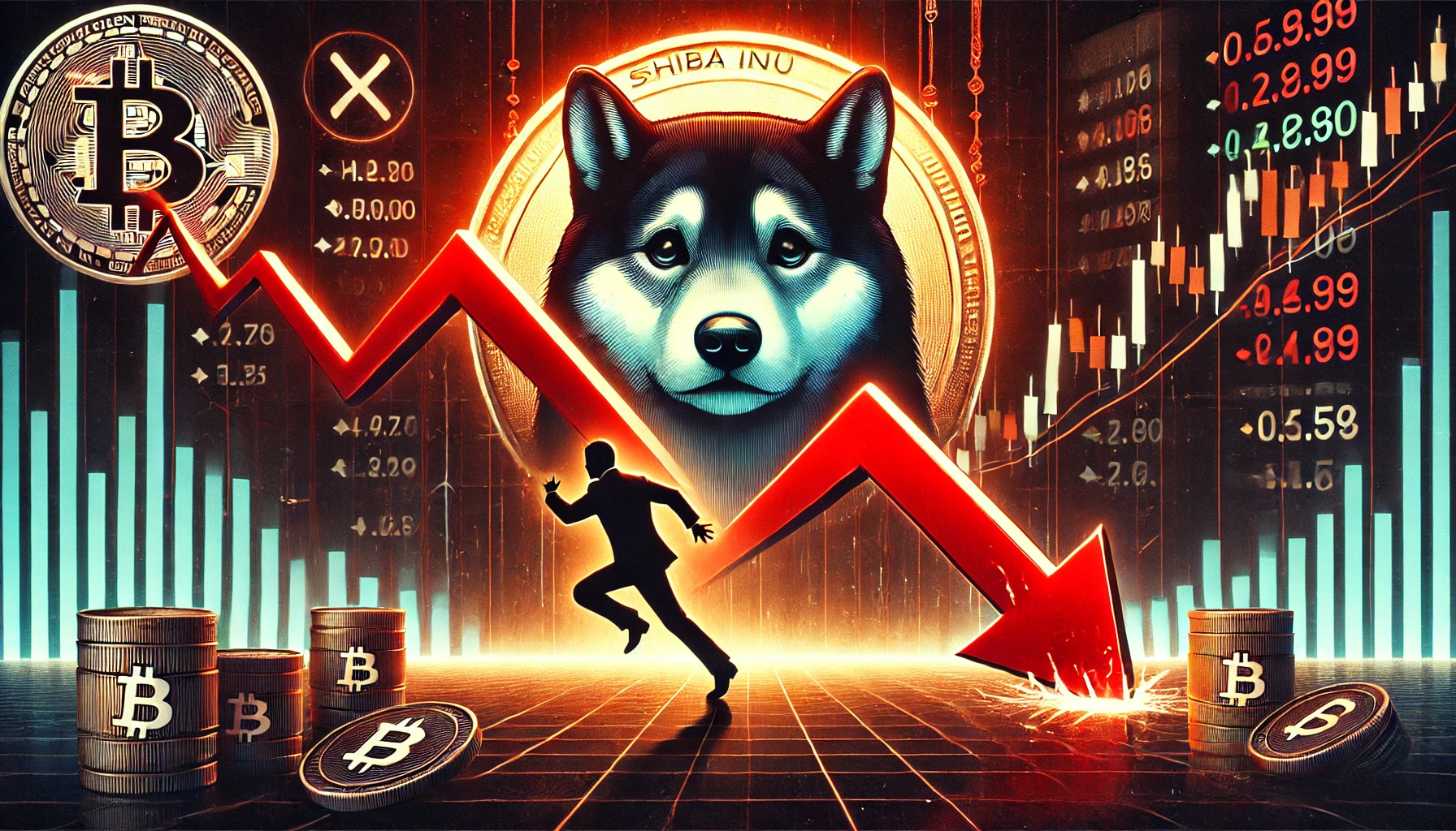 depicting the recent decline in Shiba Inu SHIB price. The image features a Shiba Inu coin symbol with downward