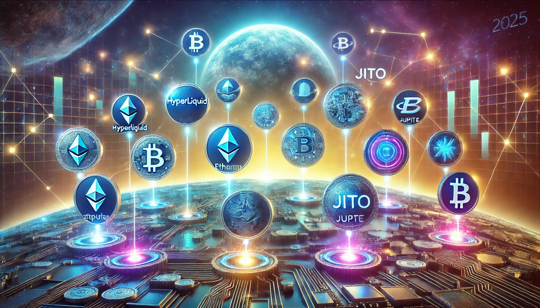 digital artwork highlighting the cryptocurrency market in 2025. The composition showcases dynamic altcoin logos in