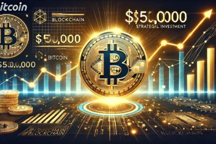 featuring Bitcoin in a futuristic setting. The image showcases a glowing Bitcoin logo with upward financial c