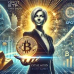 featuring Cathie Wood and the Bitcoin logo prominently. The design incorporates a financial chart showin