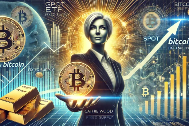 featuring Cathie Wood and the Bitcoin logo prominently. The design incorporates a financial chart showin