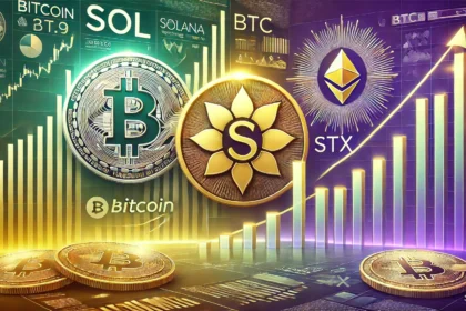 featuring SOL BTC and STX cryptocurrencies. The design includes a Bitcoin logo Solanas emblem and STXs