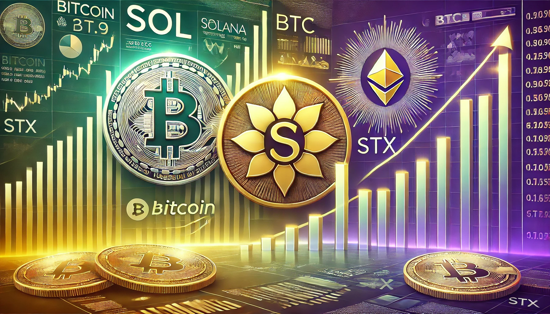 featuring SOL BTC and STX cryptocurrencies. The design includes a Bitcoin logo Solanas emblem and STXs