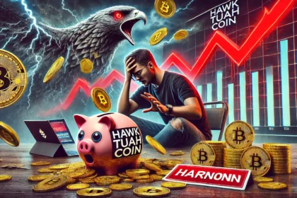 financial risks of meme coin investments with Hawk Tuah Coin as the central theme. The image includes a bro