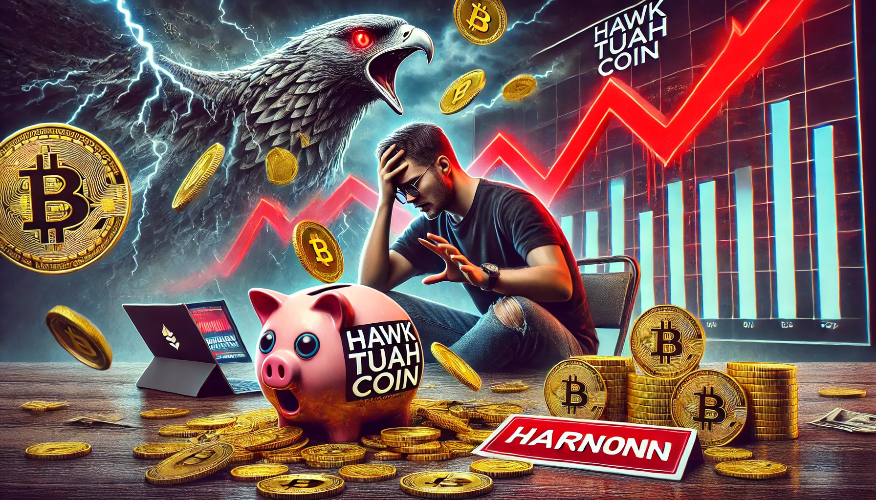 financial risks of meme coin investments with Hawk Tuah Coin as the central theme. The image includes a bro